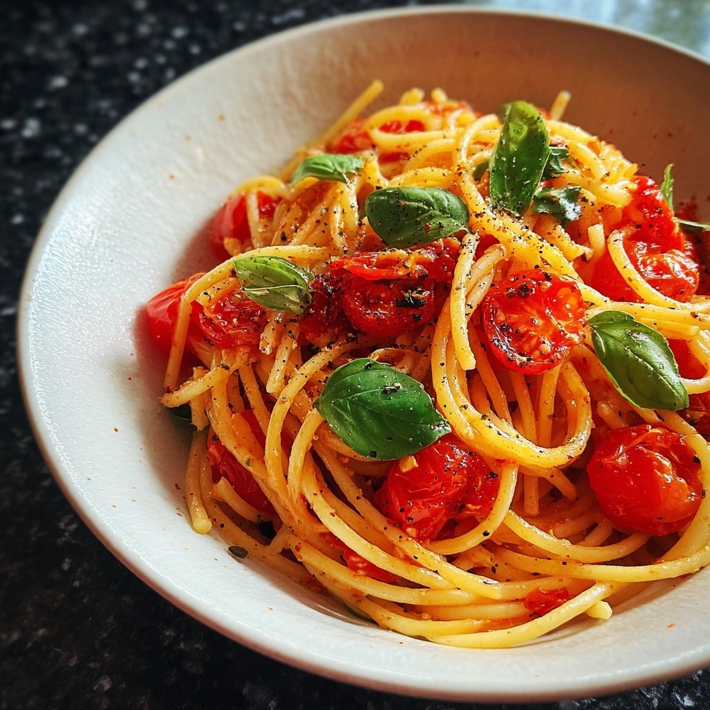 Spaghetti mit Tomaten und Basilikum